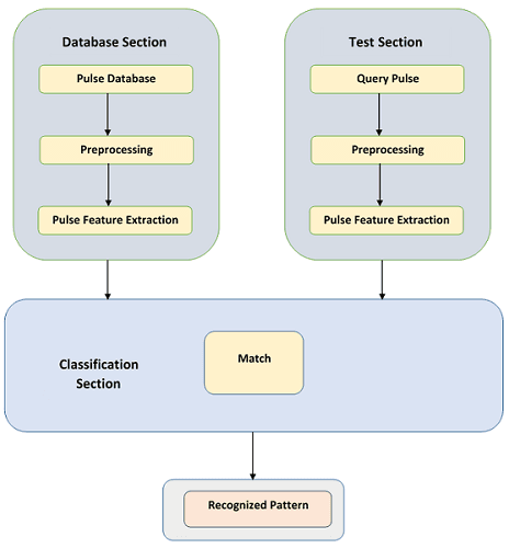 Diagram: pulse database and query pulse go through preprocessing and feature extraction, then are matched to a recognized pattern